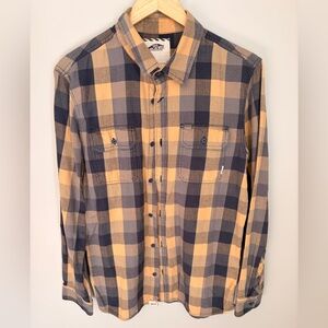 VANS Men's Plaid Button-Up Shirt Beige Navy Gray Cotton Long Sleeve Pockets M